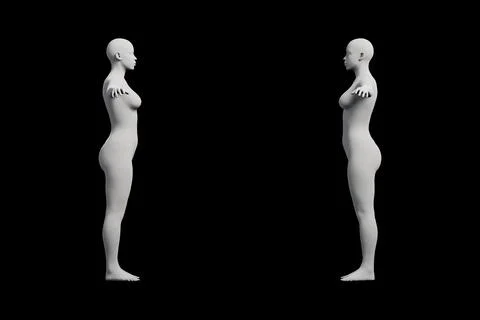 Female figure model standing in studio grid Stock Illustration