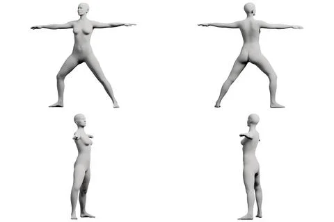 Female figure model T-pose 4-view collage Stock Illustration