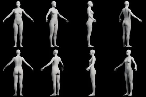 Female figure model in various poses on black background Stock Illustration