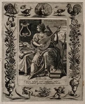 A female figure playing a stringed instrument; representing music. Engravin.. Illustrazione stock