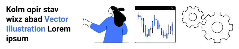 Female Figure Pointing at Data Chart with Text in Background and Gears Icon イラスト素材