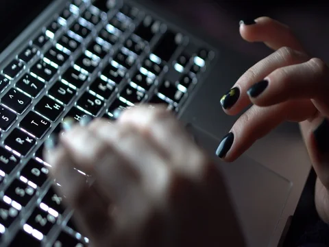 Female fingers touch the laptop's touchpad Stock Footage 80894518