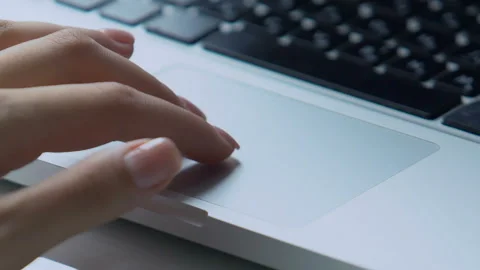 Female fingers using mouse pad on laptop, office work, computer technologies Video stock 97559888