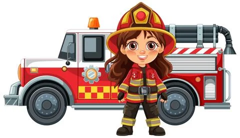 Female Firefighter Standing in Front of Fire Truck Illustration Stock Illustration
