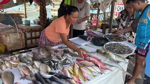 Female fish vendor selling fresh fish at an outdoor stall, Cebu, Philippines