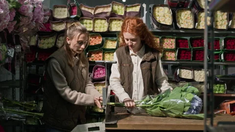 Female Florists Cutting Hydrangea Stems in Wholesale Flower Warehouse 스톡 동영상 343624422
