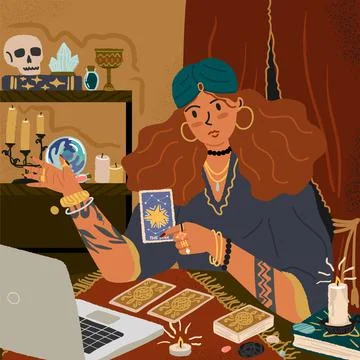 Female fortune teller using tarot cards to predict future online. Online Stock Illustration