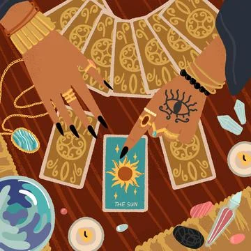 Female fortune teller using tarot cards to predict future. Divination concept Stock Illustration