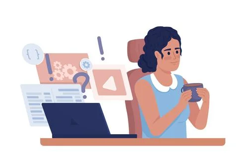 Female freelance developer drinking coffee semi flat color vector character Stock Illustration