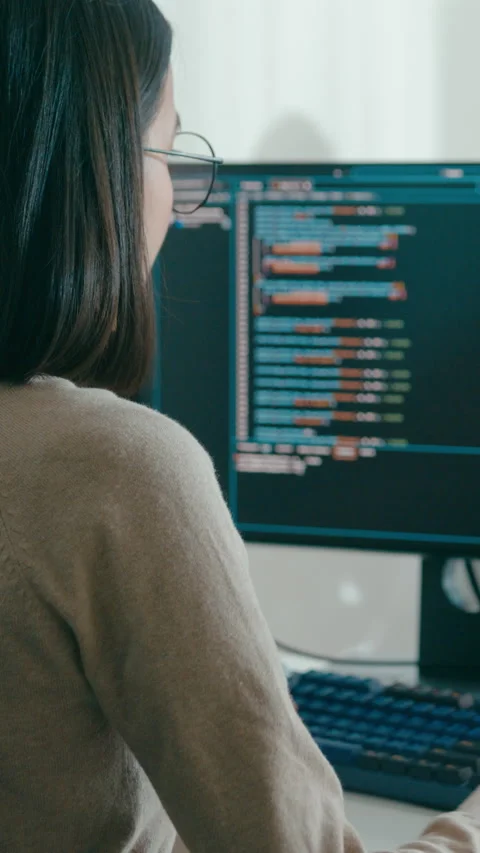 Female freelance eyeglasses typing write prompt AI bot app smart program nomad. Stock Footage 333937982