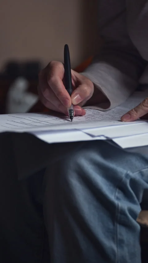 Female freelancer doing paperwork in home office interior, vertical 4K Stock Footage 288439395
