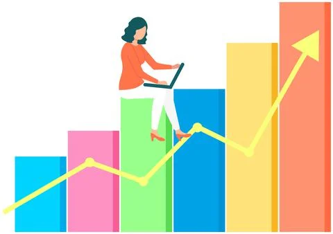 Female freelancer with laptop is performing task, calculating statistical data Illustrazione stock