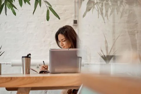 Female freelancer making notes in notebook Stock Photos