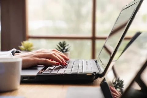 Female Freelancer Taking Notes While Working on Laptop in Cozy Home Office 스톡 사진