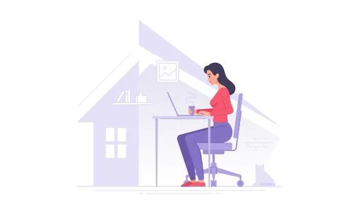 Female freelancer working at home vector illustration cartoon woman with cup Stock Illustration
