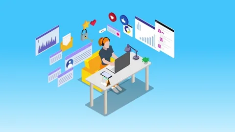Female freelancer working on laptop surrounded by data dashboards, emails, .. Stock Footage 337954687