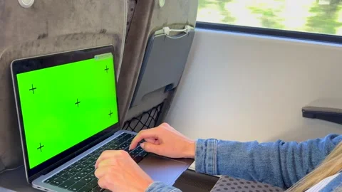 Female freelancer working on a laptop in the train. remote work on the Internet Stock Footage 253174415