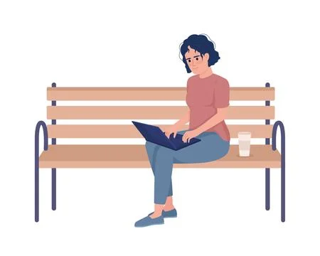 Female freelancer working remotely on bench semi flat color vector character イラスト素材