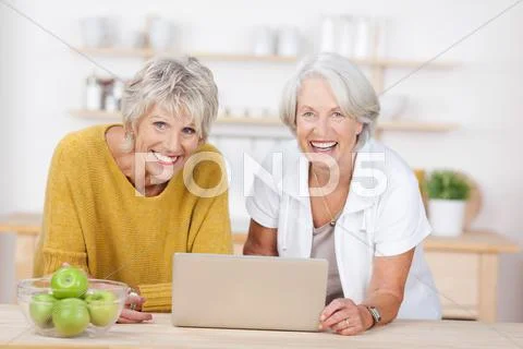 Female friends with laptop leaning on kitchen counter Stock Photos
