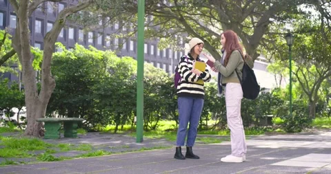 Female friends walking campus path, one holding yellow notebook, other showing Stock Footage 344383084