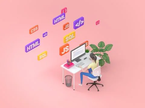 Female frontend developer sitting at a table in the modern office. Digital 스톡 일러스트