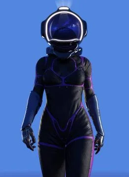 Female futuristic astronaut dressed suit with helmet on blue background Stock Photos