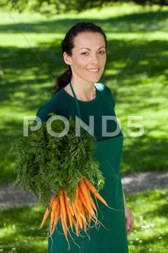 Female Gardener With Bunch Of Carrots