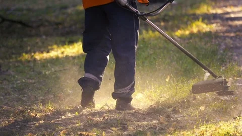 Female gardener is cutting grass with a hand-held lawnmower in slow motion, blur Stock Footage