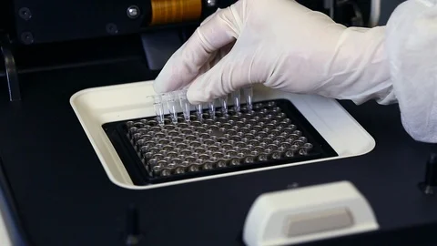 Female genetics worker placing the strips with DNA into the PCR thermal cycler Видео 93345902