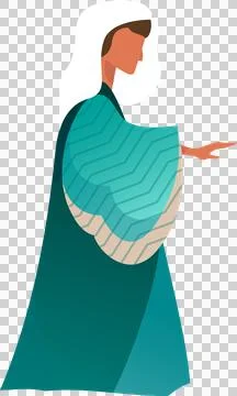 Female is gesturing in flat design wearing teal robe with chevron sleeves, イラスト素材