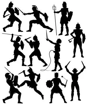 Female gladiator silhouettes Stock Illustration