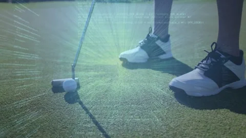 Female golfer adjusting alignment, starting golf stroke to roll ball to hole Stock Footage 333774685