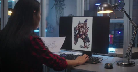 Female graphic designer sorting concept art Stock Footage 133995917