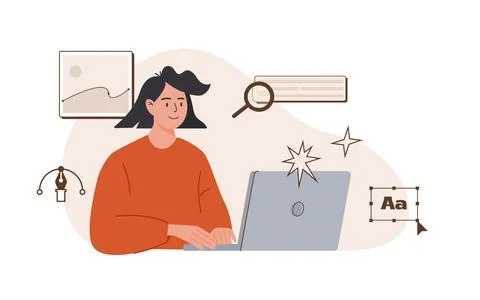 Female graphic designer working on a computer. Creative digital illustrator at Illustrazione stock