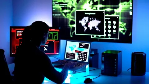 A female "hacker" in action using the code simulator "Geektyper" . Stock Footage 86087536