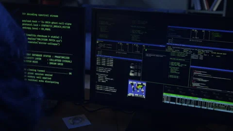 Female Hacker Coding on Computer while Breaching System at Night in Office Stock Footage 328249491