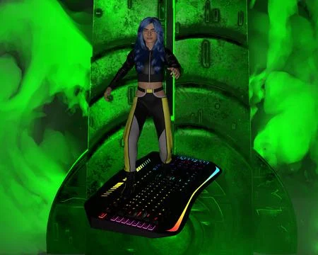 Female hacker on magic keyboard tech background fanciful image Stock Illustration