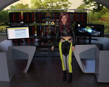 Female hacker standing in front of hacker rig and table poster 스톡 일러스트
