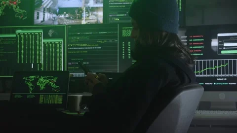 Female hacker using mobile phone while computers perform massive data theft Stock Footage 244595872