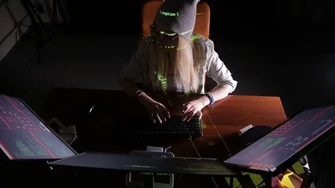 Female hacker working on a computer, coding at night Stock Footage 69794748