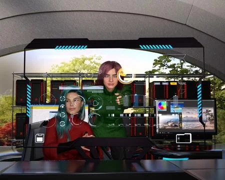 Female hackers looking at computer screen Stock Illustration