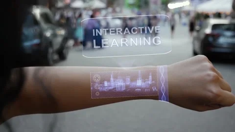 Female hand activates hologram Interactive Learning Stock Footage 149484295