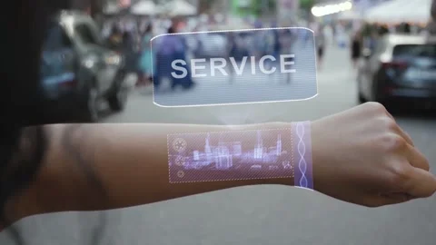Female hand activates hologram Service Stock Footage 138564384