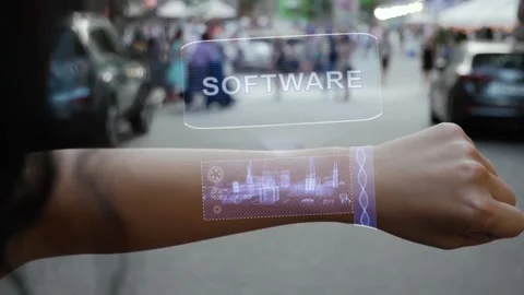 Female hand activates hologram Software Video stock 200548231
