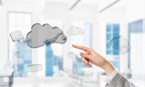 Female hand and cloud computing concept in modern interior. Mixed media 写真素材