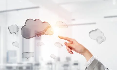 Female hand and cloud computing concept in modern interior. Mixed media 스톡 사진