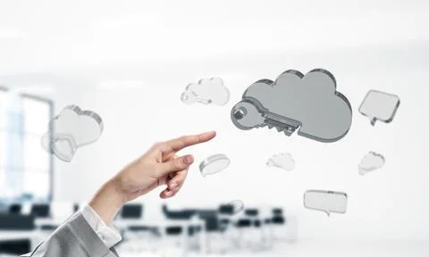 Female hand and cloud computing concept in modern interior. Mixe 写真素材