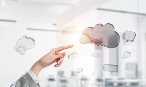 Female hand and cloud computing concept in modern interior. Mixed media Stock Photos