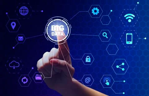 Female hand choosing Big data button on digital screen with different icons Stock Photos