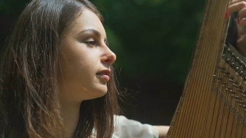 The female hand gently touches the strings of the bandura at waterfall Stock Footage 94965410